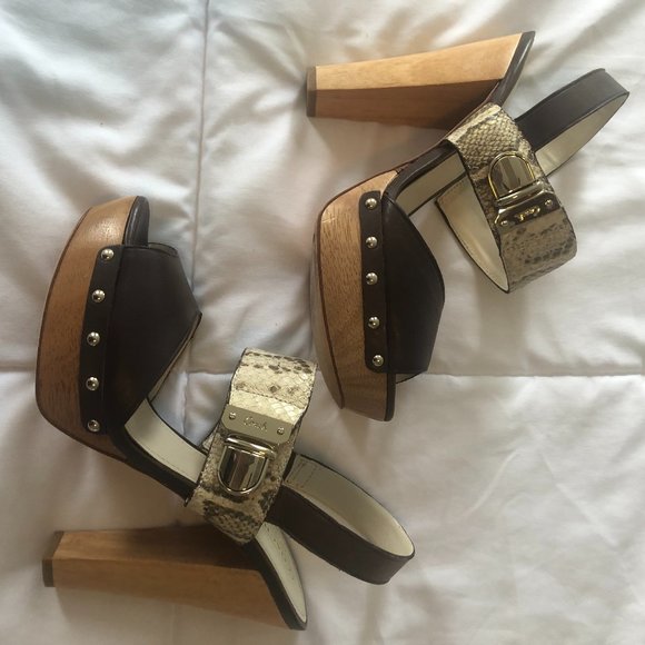 Coach Platform Wooden Sandals - Brown Leather & Snakeskin - Size 8.5 - Picture 1 of 8